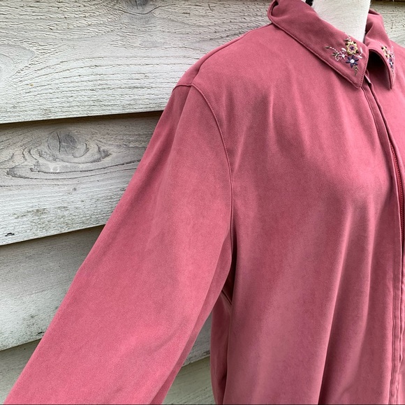 Vintage 80s Dusty Rose Floral Embroidered Long Sleeve Zip Up Front Casual Jacket - Picture 11 of 16